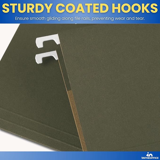 1InTheOffice Green Hanging File Folders Letter Size, Hanging Organizer File Folders, File Cabinet Folders, 1/5 Tabs, 11 pt, 50 Pack