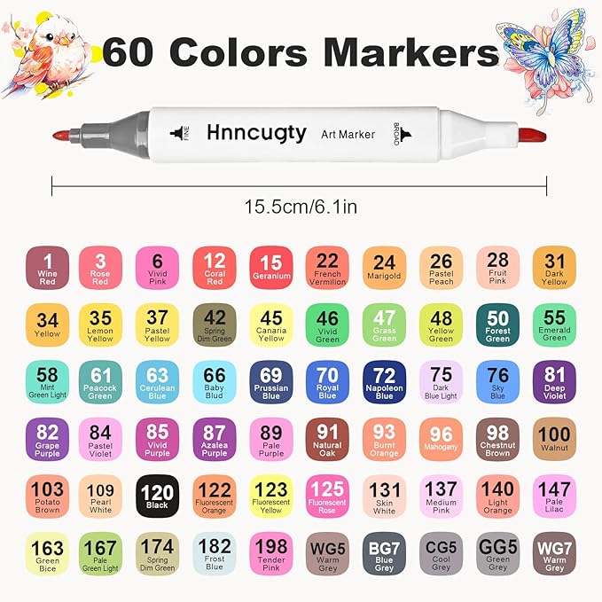 Alcohol Markers 60 Colors, Dual Tips Coloring Art Markers Set with Case & Holders, Chisel & Fine Artist Sketch Pens Art Supplies for Kids Adult Coloring Books, Drawing, Painting, Sketching