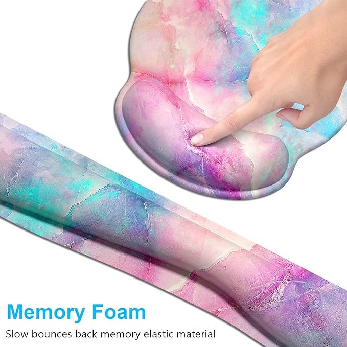 Dapesuom Keyboard Wrist Rest and Mouse Pad with Wrist Support, Cute Memory Foam Cushion for Keyboard and Mouse Set, Desktop Pad Rests with Non Slip Base for Easy Typing & Pain Relief, Colorful Marble