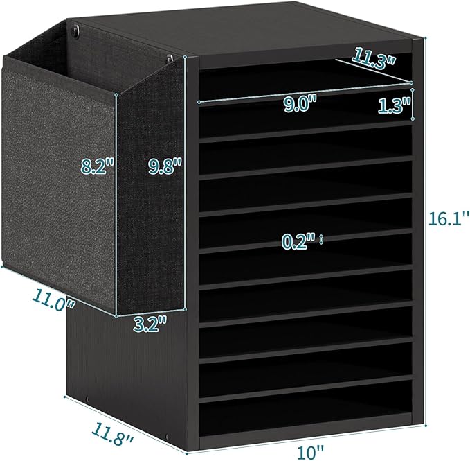 Office Mail Sorter, Wooden Paper Organizer With Storage Bag, 10 Tier Adjustable Classroom Mailbox, Removable Classroom Organization, Teacher Desk Organization for Office, Study, Black