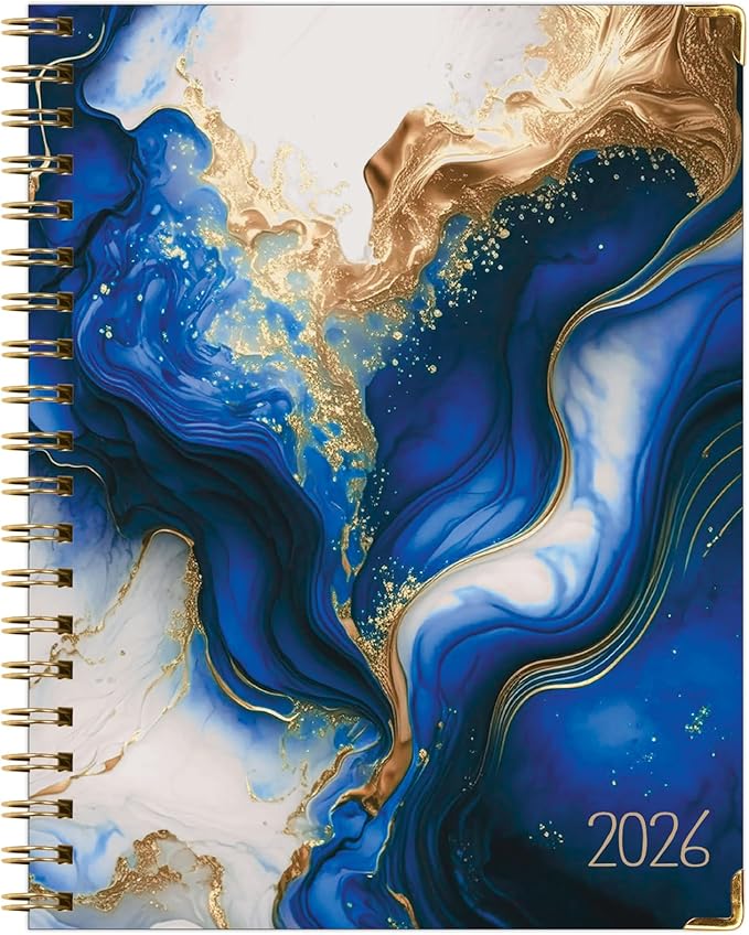 HARDCOVER 2026 Planner, 8.5"x11": 14 Months (November 2025 - December 2026), Daily Weekly Monthly Planner, Yearly Agenda, Bookmark, Pocket Folder and Sticky Note Set (Dark Blue Marble)