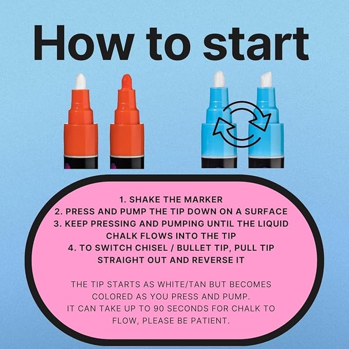 Liquid chalk markers washable, erasable, dry or wet erase. 6 neon markers for whiteboards, glass boards, mirrors, chalkboards, windows, car windshields, glass. Non-toxic, reverse tip pens