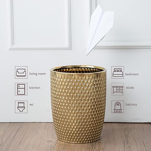 Modern Golden Small Trash Can Wastebasket, Garbage Container Bin for Bathrooms, Powder Rooms, Kitchens, Home Offices - Durable Ceramics - Round