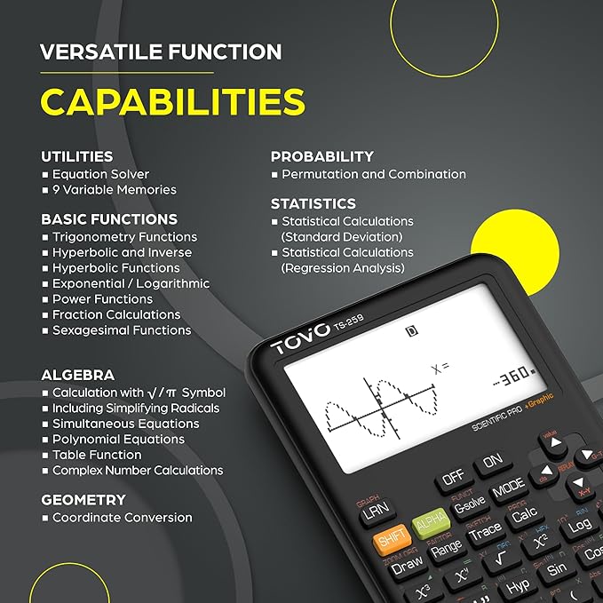 TOVO Scientific Calculator with Graphing Functions, Multiple Modes, 360 Functions, Large Screen, Intuitive Interface for Beginners, High School & Advanced Courses, TS-259 (Developed by CATIGA)