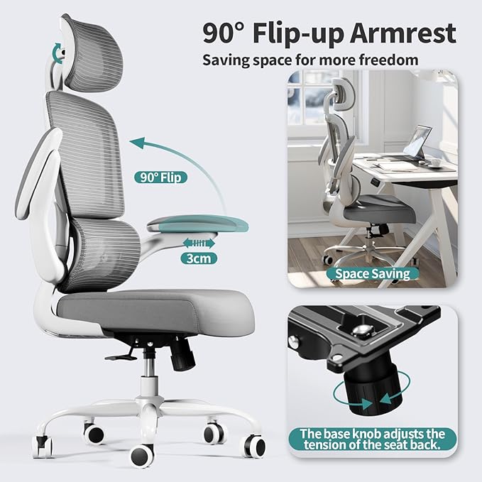 Office Chair Ergonomic Desk Chair, 330 LBS Home Mesh Office Desk Chairs with Wheels, Comfortable Gaming Chair, High Back Office Chair for Long Hours, Office Chair for Study and Work (Grey)