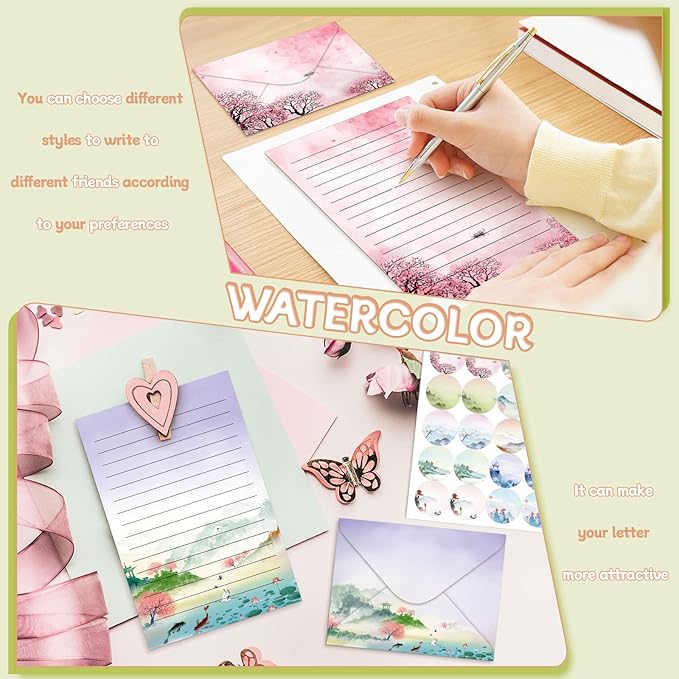 TaoBary 160 Pcs Stationery Paper Set 50 Double Sided Stationery Papers with 50 Matching Envelopes and 60 Round Dot Sticker, 10 Design(Ink Painting,5.5 x 8.25 Inch)