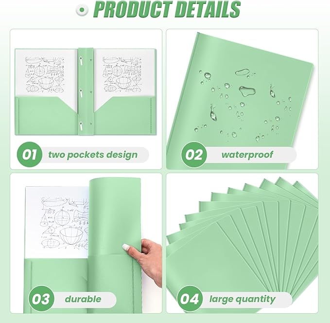 Yeaqee 30 Plastic Folders with Pockets and Prong Plastic Folders with 2 Pockets Pocket for Office, School for Students, Teachers, Office Workers (Sage Green)
