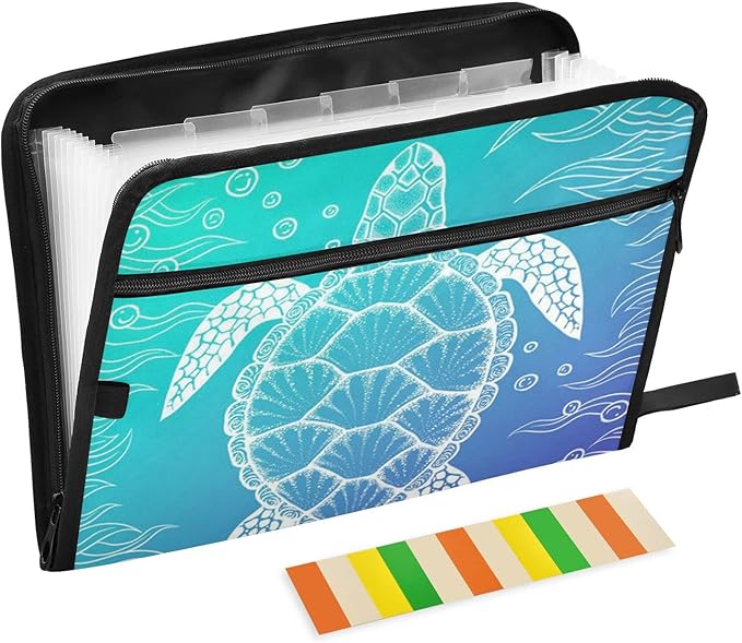 Expanding File Folder,13 Pocket Accordion File Folders with Sticky Labels,A4 Letter Size Paper Document Organizer with Zipper Closure for Office School Boys Girls，Underwater Seaweed Sea Turtle