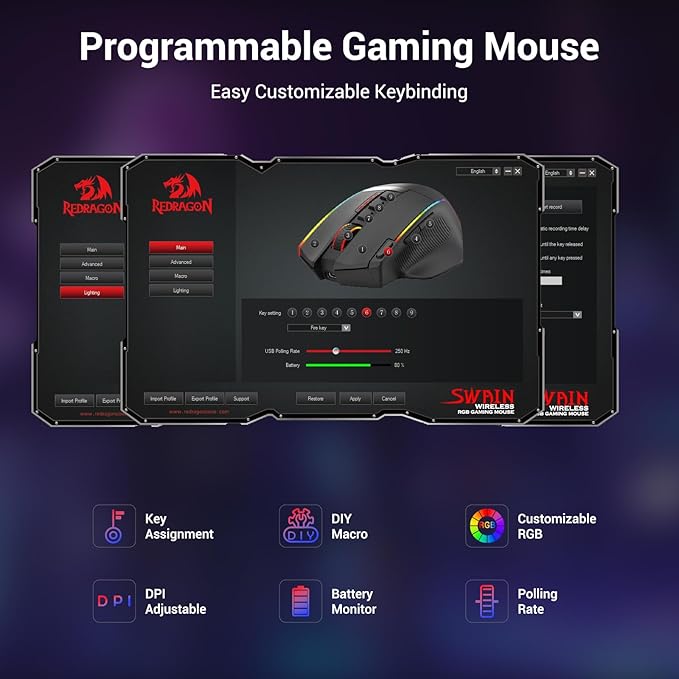 Redragon Wireless Gaming Mouse, Ergonomic Mouse 16000 DPI with Rapid Fire Key, 9 Macro Buttons, 170-Hour Durable Power Capacity and RGB Backlight Wired/Wireless Mouse for Laptop/Mac/PC