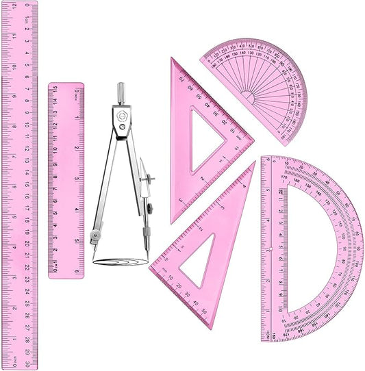 Zonon 1 Set Plastic Geometry Math Set Includes Drawing Compass, 6 Inch 4 Inch Protractor, 45/60 Degree Triangle Rulers 12 Inch 6 Inch Math Ruler Transparent for Office Supplies (Pink)