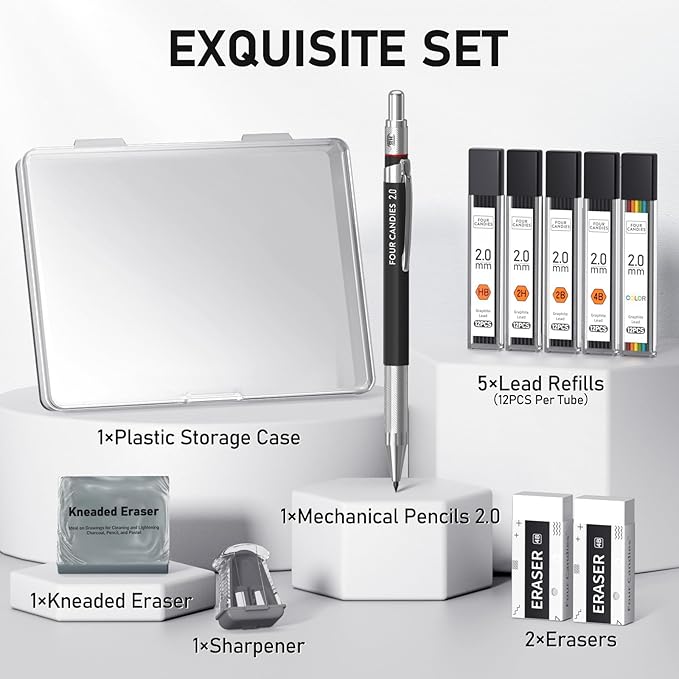 Four Candies 2MM Mechanical Pencil Set with case, Artist Led Pencil Metal Lead Holder with 60PCS Graphite Lead Refill (HB, 2H, 2B, 4B, Color) Kneaded Eraser, Sharpener for Writing, Drawing, Sketching