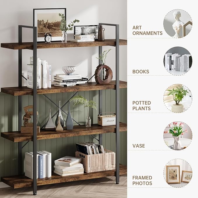 4 Tier Bookcase, 47 Inch Wide Wood Bookshelf, 120lbs Shelf Capacity, Rustic Open Shelving Industrial Display with Reinforced Horizontal Brown Shelves for Living Room Bedroom Office