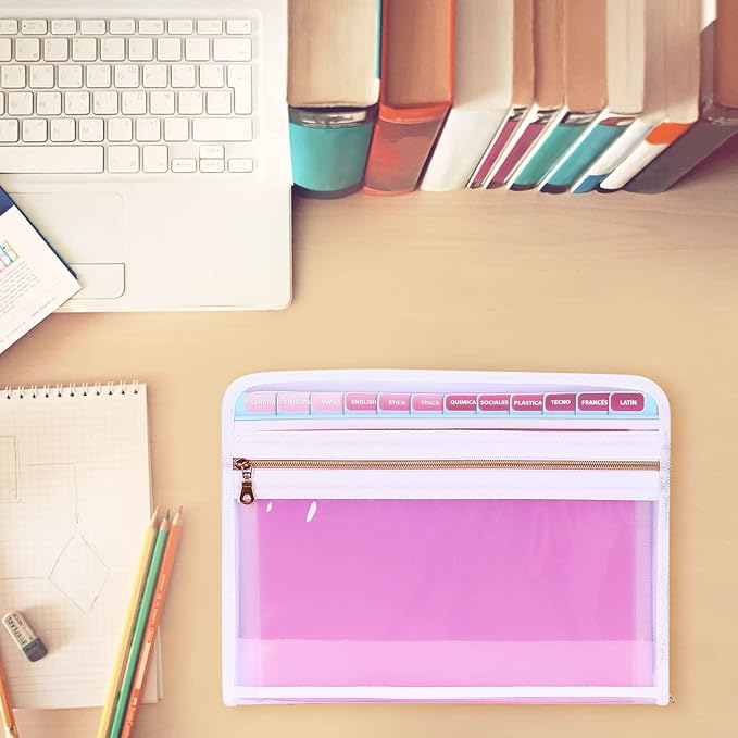 MEGREZ Expanding File Folder with 13 Pockets, 2 Pack A4 Paper File Folder with Zipper Color Labels, Waterproof Accordion File Folder Organizer for Home Office, Green & Pink