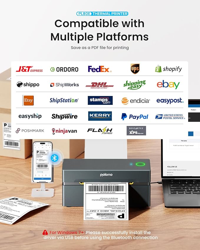POLONO Bluetooth Thermal Shipping Label Printer, Wireless 4x6 Shipping Label Printer for Small Business, Support iOS, Android, Windows and Mac, Compatible with Amazon, Ebay, Shopify, Etsy, USPS (Grey)