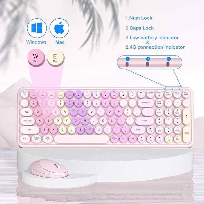 Colorful Wireless Keyboard Mouse Combo, Gradient Rainbow Colors 100 Keys and 2.4GHz Optical Mouse Connection for Windows, Mac, Laptop, PC, Desktop (Pink Colorful)