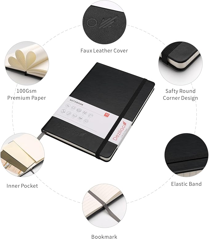 Deziliao Hardcover Notebook Journal 160 Pages, Lined Journal Notebooks for Work, 100Gsm Premium Thick Paper with Pocket, Medium 5.7"x8.4" （Black, Ruled）