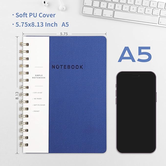 Lined Spiral Notebook College Ruled A5 Journal Book for Note Taking, 160 Pages Writing Journal for Office and Home School Supplies 5.75x8.125 inch (3pack-Navy Blue)