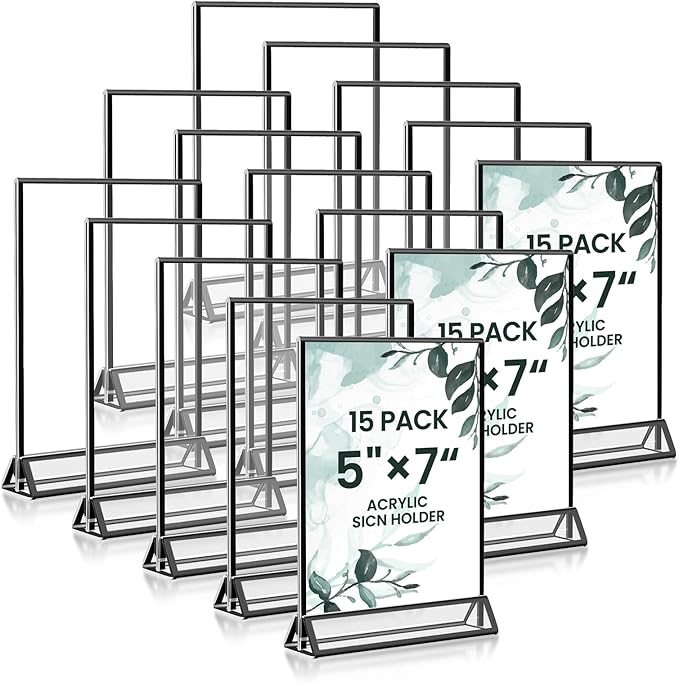 15 Pack Acrylic Sign Holder 5x7, Wedding Black Frame Table Number Holders Vertical, Clear Picture Frames Flyer Stands Tables Menu Holder, Double Photo Paper Display Holder for Party, Home, Office