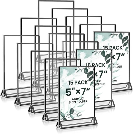 15 Pack Acrylic Sign Holder 5x7, Wedding Black Frame Table Number Holders Vertical, Clear Picture Frames Flyer Stands Tables Menu Holder, Double Photo Paper Display Holder for Party, Home, Office
