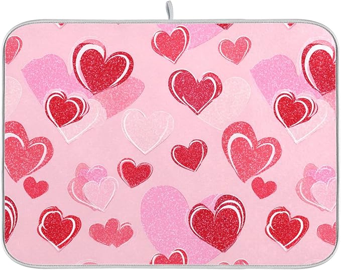 Happy Valentines Day Hearts Dish Drying Mat 16 X 18 Inch Stars Romantic Red Pink Glitter Love Heart Dry Dishes Pads Drainer Mats Tableware Protector for Home Kitchen Countertops Counter Decorations