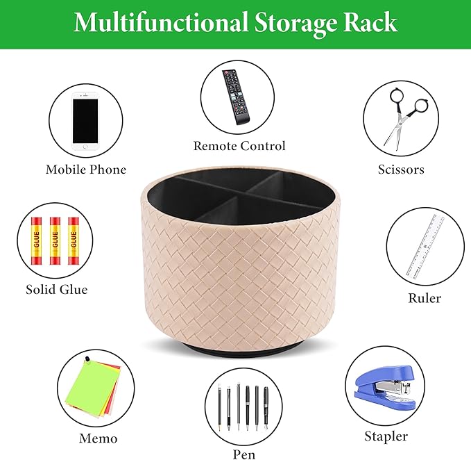 Hennaja Round Leather Art Supply Organizer,Remote Control Holder,360 Degree Spinning,Multi-Functional Pencil Holder,4 Compartments Desktop Stationary Organizer(1-Weave Khaki)