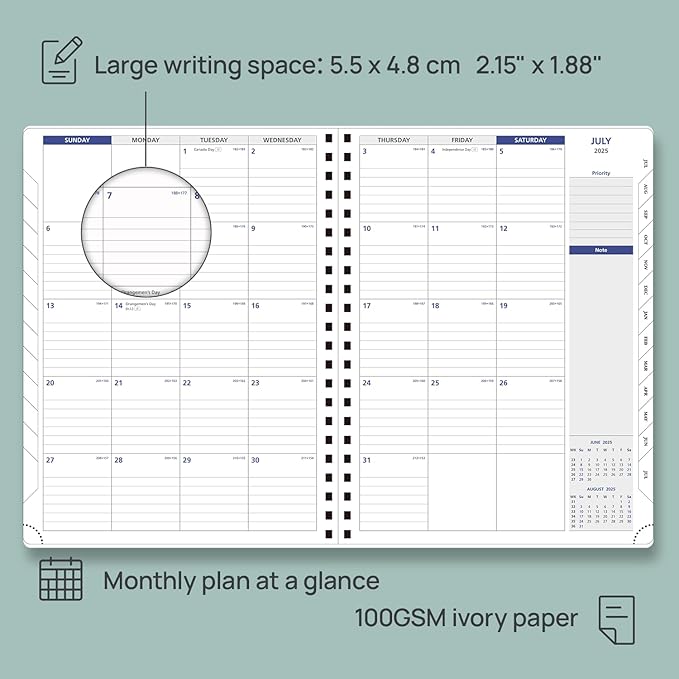 POPRUN 2025-2026 Monthly Planner Spiral Bound, 8.5'' x 11.25'' Academic Calendar (July 2025-July 2026) Appointment Book with Stair Tabs, Leather Cover, 4 Pages per Month with Notes - Soft Pink