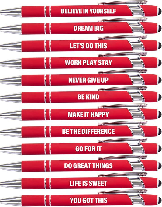 Funny Pens, 12 Pcs Pens Fine Point Smooth Writing Pens, Inspirational Ballpoint Pens with Screens Touch Stylus Tips, Red Ink 1.0 Mm Pens Gift Office Desk Accessories, Motivational Stylus Pens