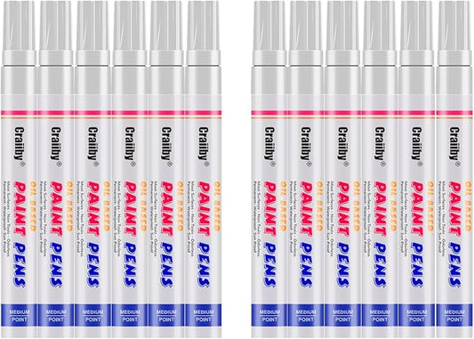 White Paint Markers, 12 Pack Oil-Based Waterproof Quick Dry Permanent Paint Pen Set for Rocks Painting, Wood, Plastic, Canvas, Glass, Mugs, Metal, Tire, Stone, DIY Craft