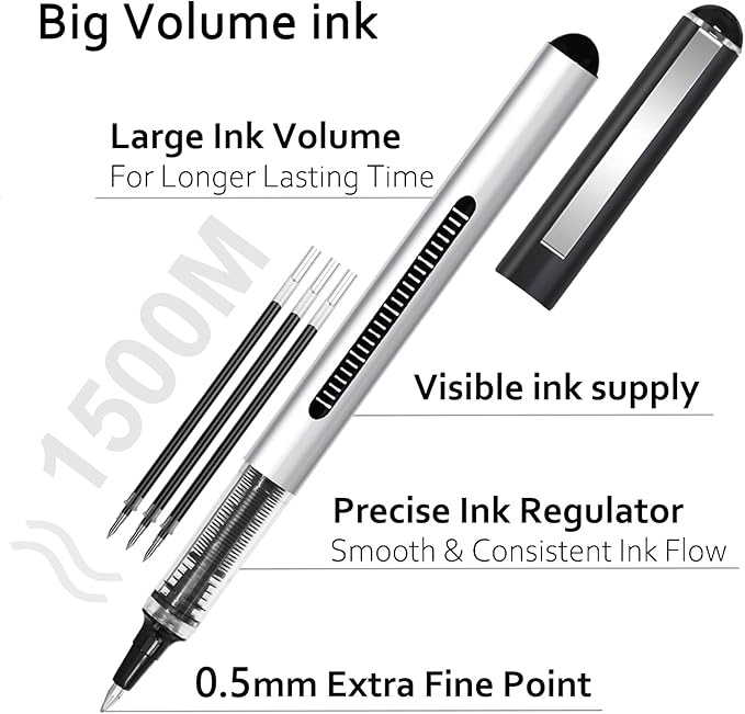 Beieverluck 60 Pieces Roller Ball Pens Black Liquid Ink Rollerball Pens 0.5mm Fine Point Smooth Writing Pens for Writing Journaling Taking Notes School Office