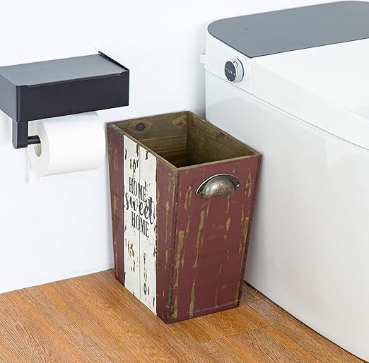 Small Wood Trash Can Wastebasket, Farmhouse Rectangular Garbage Can Waste Basket, Rustic Distressed Wooden Trash Recycling Bin with Metal Handles, Home Sweet Home Wood Storage Basket (Distressed)