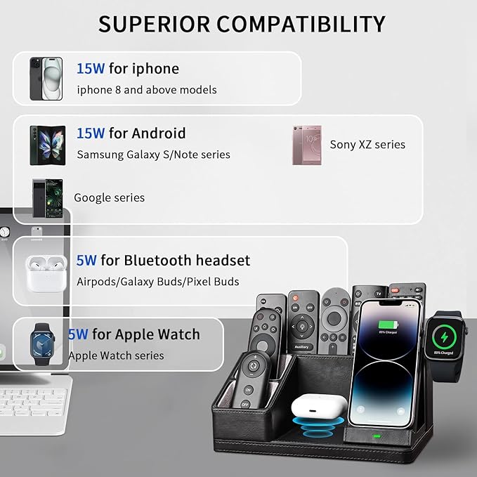 KINGFOM Leather Desk Organizer with Charging Station Multi-Functional Phone Pen Pencil Holder for Desk Desk Organizers and Accessories for Office Home Supplies (L)