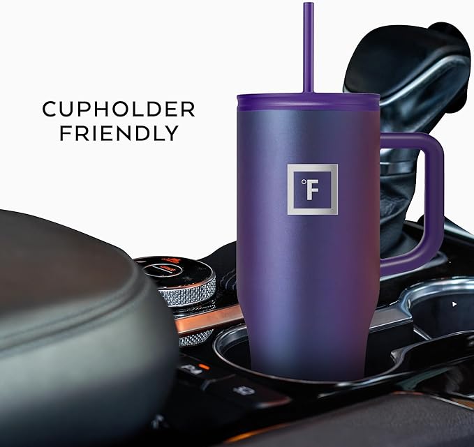 IRON °FLASK Co-Pilot Insulated Mug w/Straw & Flip Cap Lids - Cup Holder Bottle for Hot, Cold Drink - Leak-Proof - Water, Coffee Portable Travel Mug - Twilight Blue, 32 Oz