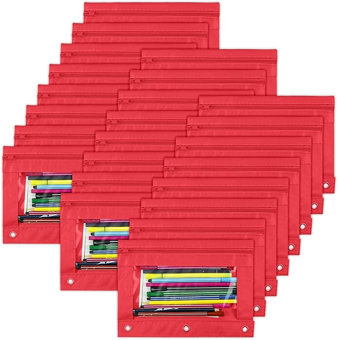 YoeeJob Pencil Pouch for 3 Ring Binder, Zipper Pencil Pouches Bulk, Pencil Case Pouch with Clear Window for Class, School, Office, Red, 24 Packs