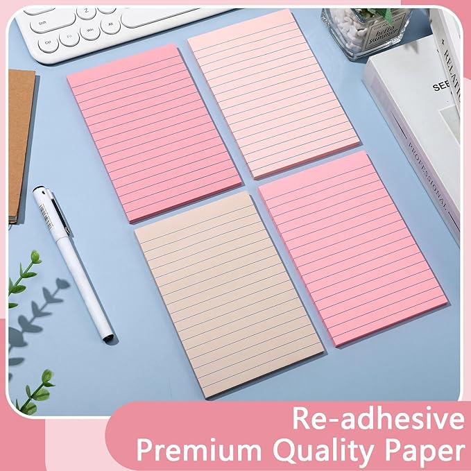 12 Pads Pink Boho Sticky Notes 4x6 with Line, Lined Self Stick Notes Pads Boho Office Supplies, Vintage Aesthetic School Accessories 50 Sheets/pad
