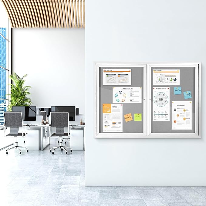 Outdoor Bulletin Board Weatherproof 48x36 in,Enclosed Bulletin Board with Locking Door, Wall Display Case for Office School Home Commercial, Silver Aluminum Frame, Gery Felt