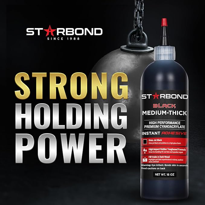 Premium Grade Cyanoacrylate (CA) Super Glue by STARBOND - 16 OZ Complete Refill KIT (453-gram) - Black Medium-Thick Knot Filler 500 CPS Viscosity Adhesive for Woodworking, Woodturning, Carpentry