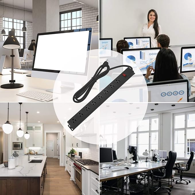 2Pack Metal 8 Outlet Mountable Power Strip, Wall Mount Outlet Heavy Duty, Wide Spaced Commercial Shop Power Strip with Switch, 15 FT SJT 14AWG Power Cord.