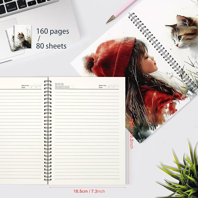 Spiral Journal Notebook for Women & Men,B5 Artistic Spiral Notebook: Orange & Black Cat with Little girl with red hat- Botanical Garden Edition