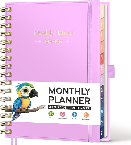 RETTACY 2026-2027 Monthly Planner, Jan 2026 - Dec 2027, Medium Size (5.7" x 8.3"), Agenda, Calendar, 24 Month Tabs, Flexible Plastic Cover, 100 GSM Thick Paper, Spiral-bound (Lilac)