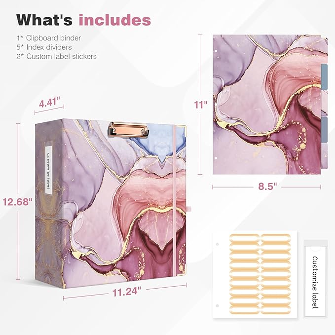 Ospelelf 3 Ring Binder for Letter Size Paper with 5 Tab Dividers, 3 Inch Ring, 4.4 Inch Spine, Pink Large Binder with Clip for School and Office Supplies