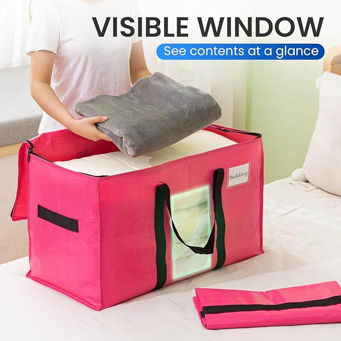 TAILI 4 Pack Pink Extra Large Moving Bags, Heavy Duty Totes with Visible Window, Wrap Around Handles, Great for Storage, Space-Saving