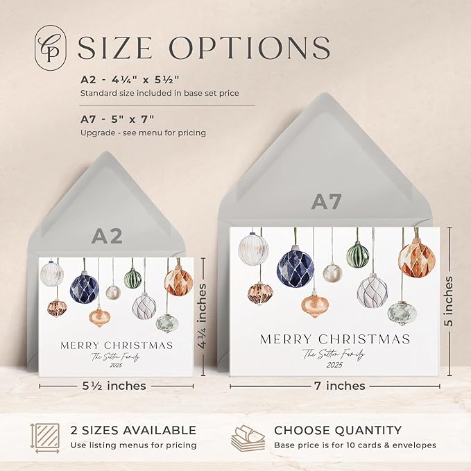 Personalized Stationery for Women & Men, A2 Notecards Family Christmas Cards Set, Watercolor Ornament Personalized Note Cards with Envelopes, Holiday Stationery Set - Baubles Flat