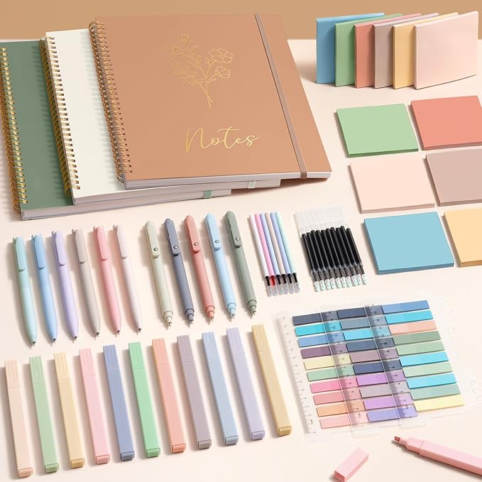 58PCS Aesthetic School Supplies, Cute College Ruled A4 Spiral Notebook Stationary Set Back to School Supplies Bible Study Kit Office College Essentials with Pastel Highlighters for Women Student Girls