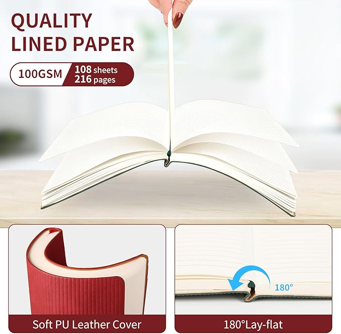 A5 Lined Notebook with Pen & Gift Box 216 Pages PU Leather Journals for Women Men 100GSM Thick Paper College Ruled Notebook for School,Travel,Business,Work,Home Writing (Red)