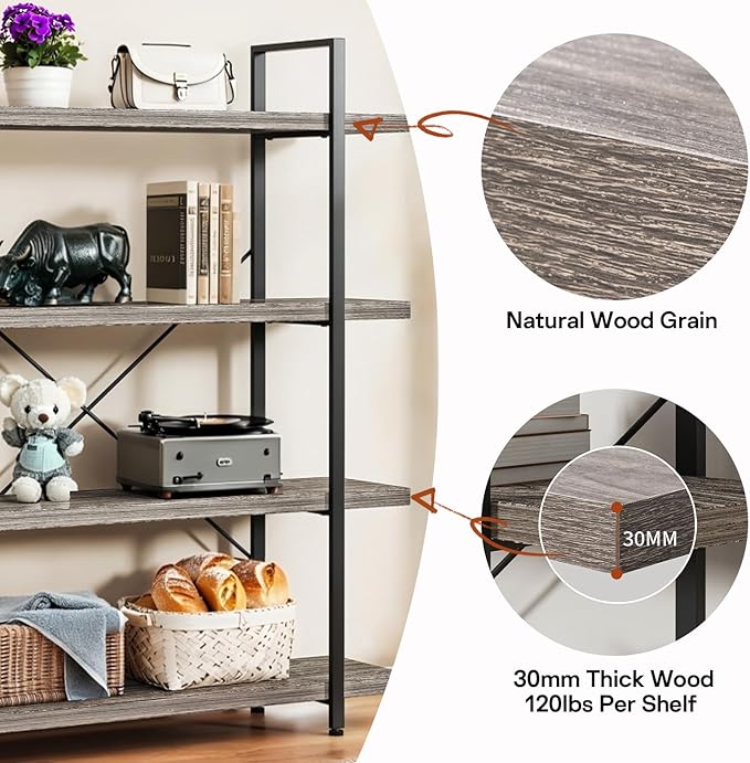 Bookcase, 47 Inch Wide Wood Bookshelf, 120lbs Shelf Capacity, Rustic Open Shelving Industrial Display with Reinforced Horizontal Shelves for Living Room Bedroom Office (4 Tier - Grey)