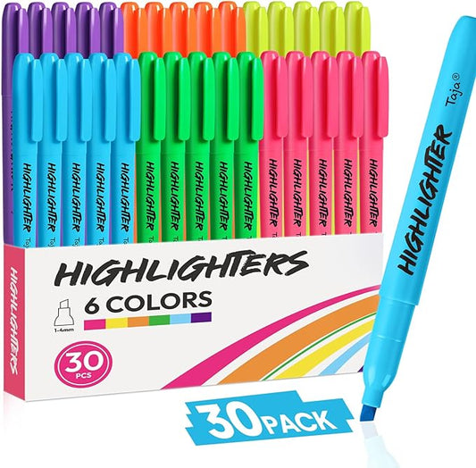 Taja 30 Pack Highlighters Bulk Assorted Bright Colors, 6 Colors Chisel Tip Highlighters Markers Set with No Bleed Ink, Perfect for School & Office Supplies