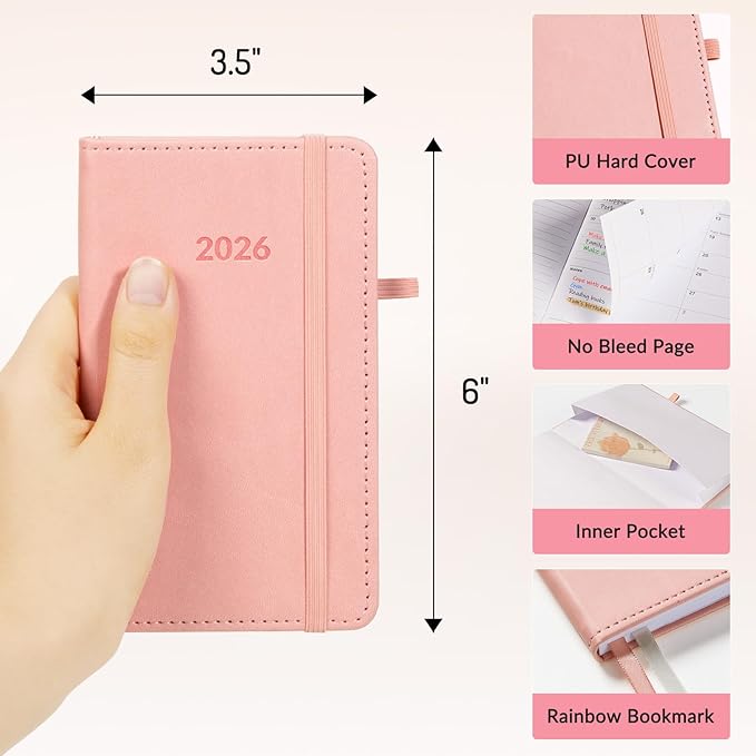 Forvencer Pocket Planner 2026, Weekly Monthly Planners with Month Tabs for Purse, 3.5" x 6", Jan 2026-Dec 2026, Cute Small Daily Academic Calendar, Elastic Band, Hardcover Agenda for Women, Teacher
