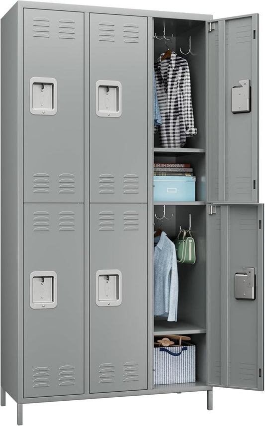 6 Doors Metal Lockers for Employees with Lock,Metal Storage Locker for Employees with 18 Hooks for School,Office, Gym,Home,Assembly Required,6 Doors Light Grey