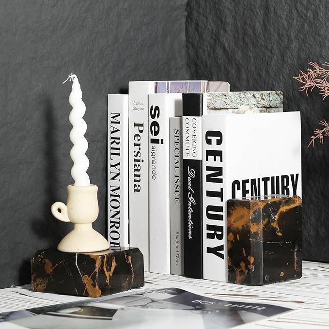 BCS Italy Natural Marble Bookends for Shelves, 7lbs Decorative Book Ends for Heavy Books, Athenian Column Stone Book Holders, Office Bookshelf Stopper Decor for Books, CDs, Video Games (Nero Portoro)