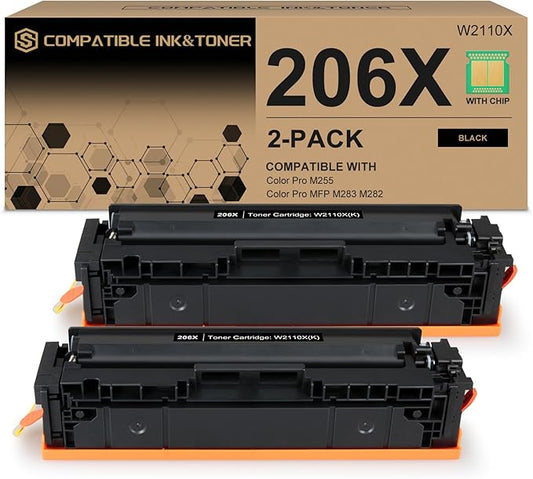 206X Black Toner Cartridges High-Yield (with Chip) Works with HP Color Pro MFP M283fdw M283cdw, Pro M255dw M255nw, MFP M282nw M283 M255 M282 Printer | W2110X 206A W2110A, Pack of 2